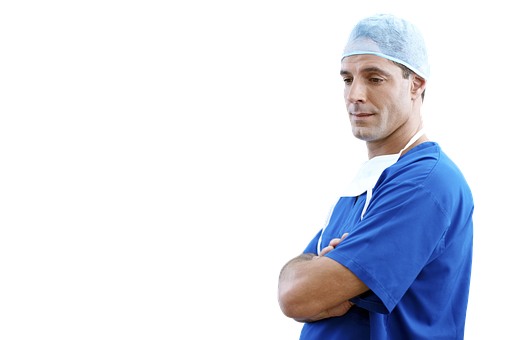 Confident podiatrist in blue scrubs representing expertise in podiatry marketing