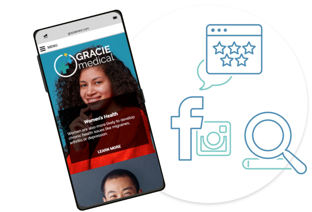 A smartphone screen displaying Facebook, a five-star rating, and a search icon showcases how a healthcare digital marketing agency generates more traffic.